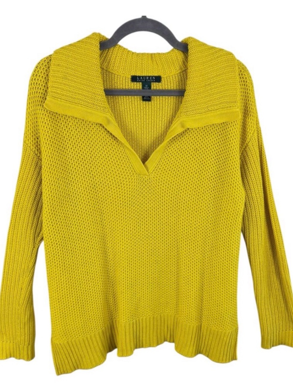 Lauren Ralph Lauren Cotton Blend Bright Yellow Collared Waffle Knit Sweater Sz M